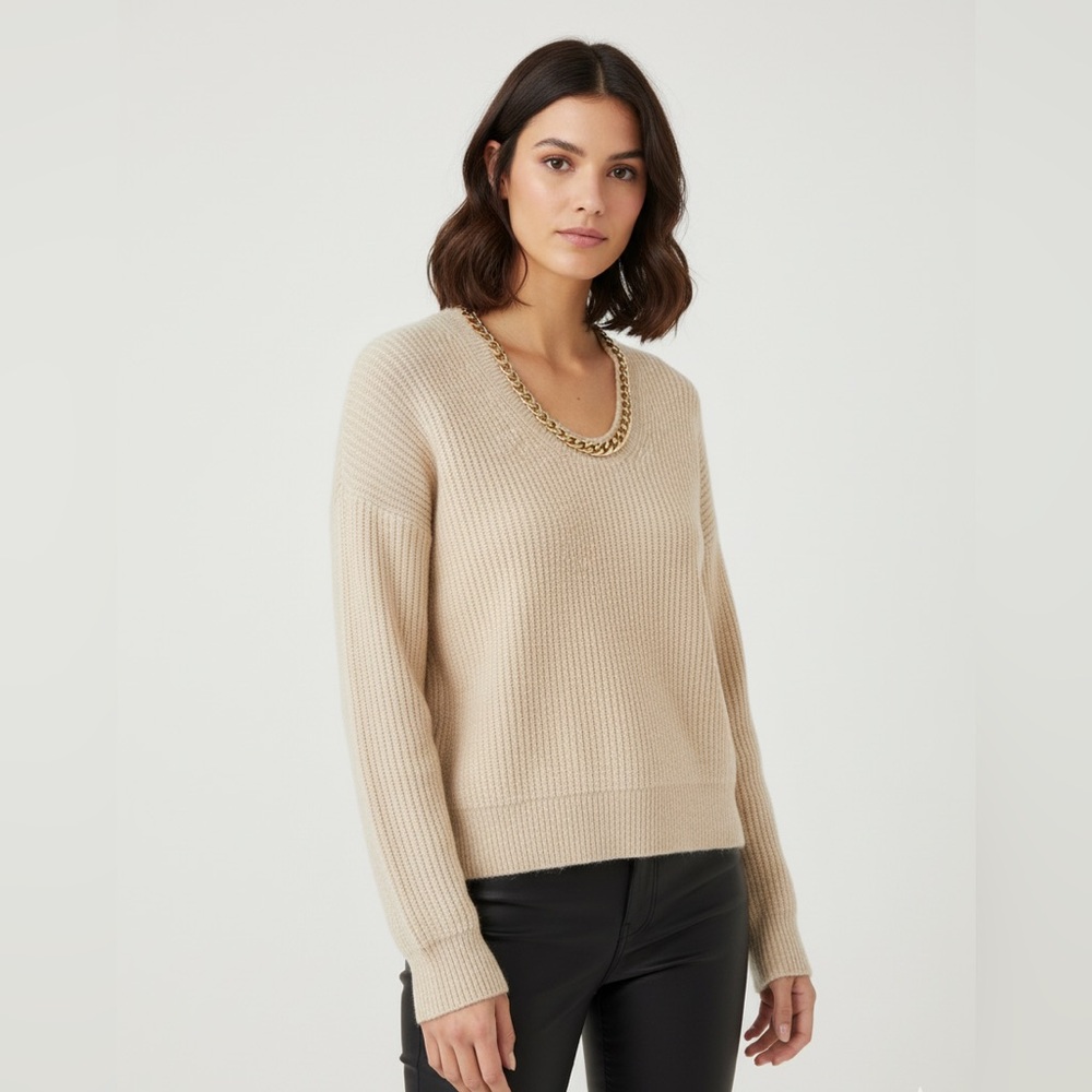 Cozy Beige Thick Knit Sweater with Gold Chain Neckline by MNG Mango